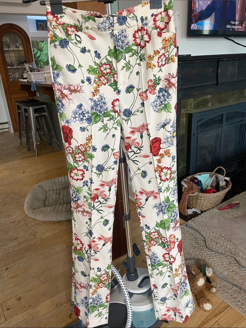 Zara Cream Floral Boot-Cut Pants with Red, Blue & Green Print